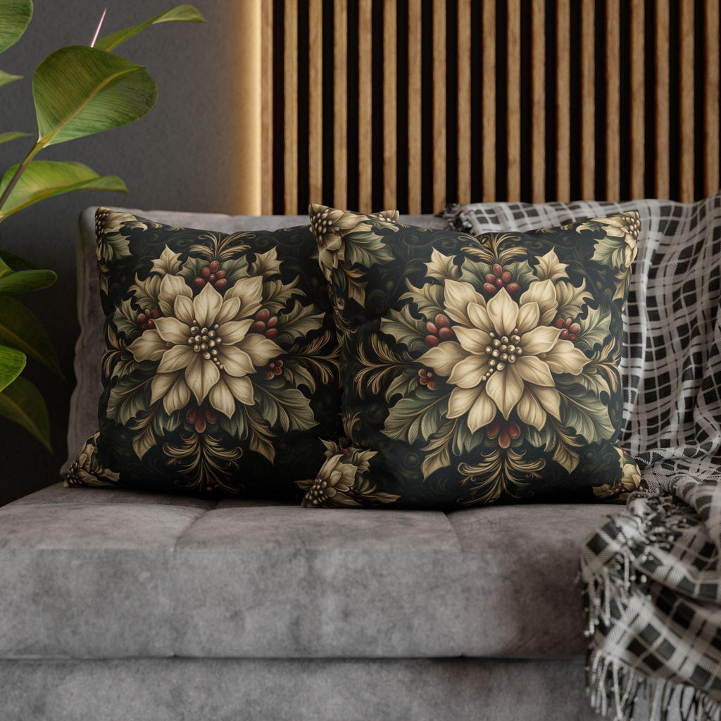 William Morris Christmas Pillow Cover: Ivory Poinsettia & Holly on Midnight Green