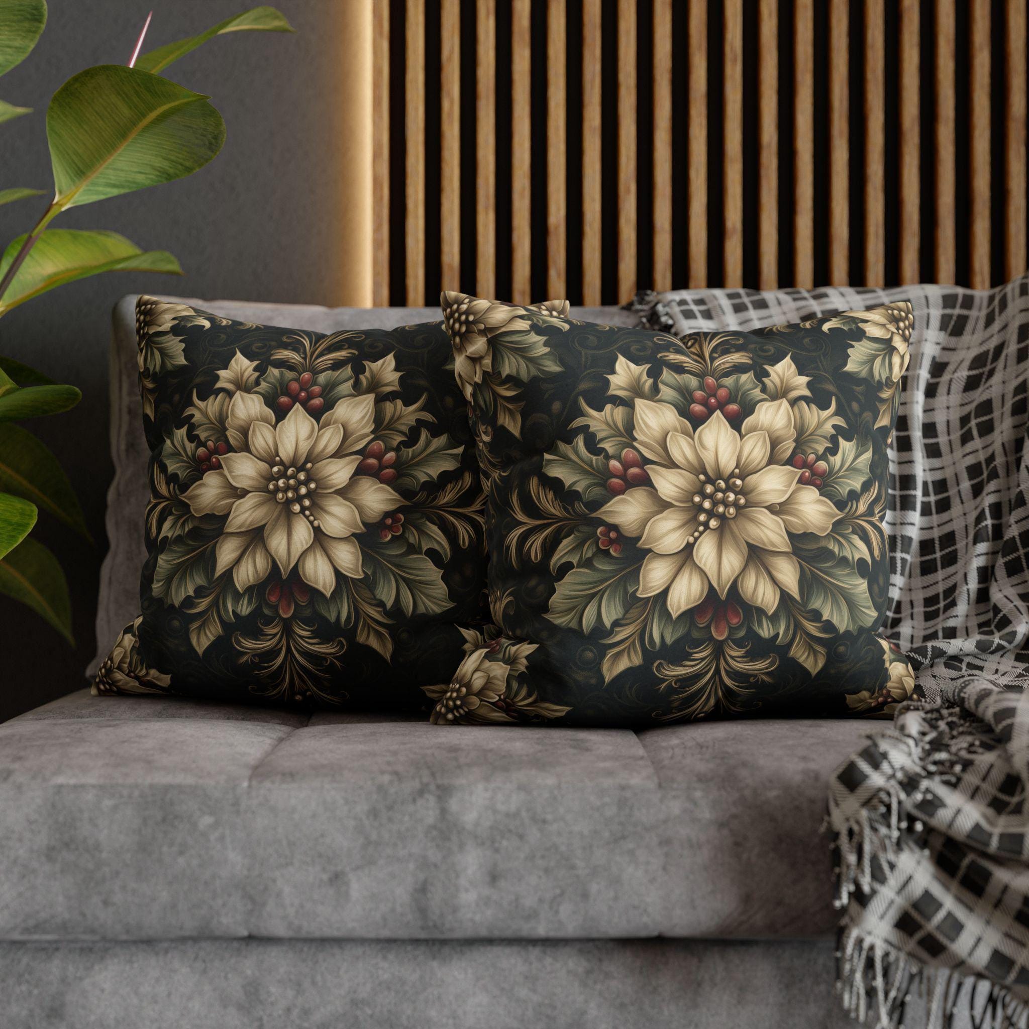 William Morris Christmas Pillow Cover: Ivory Poinsettia & Holly on Midnight Green