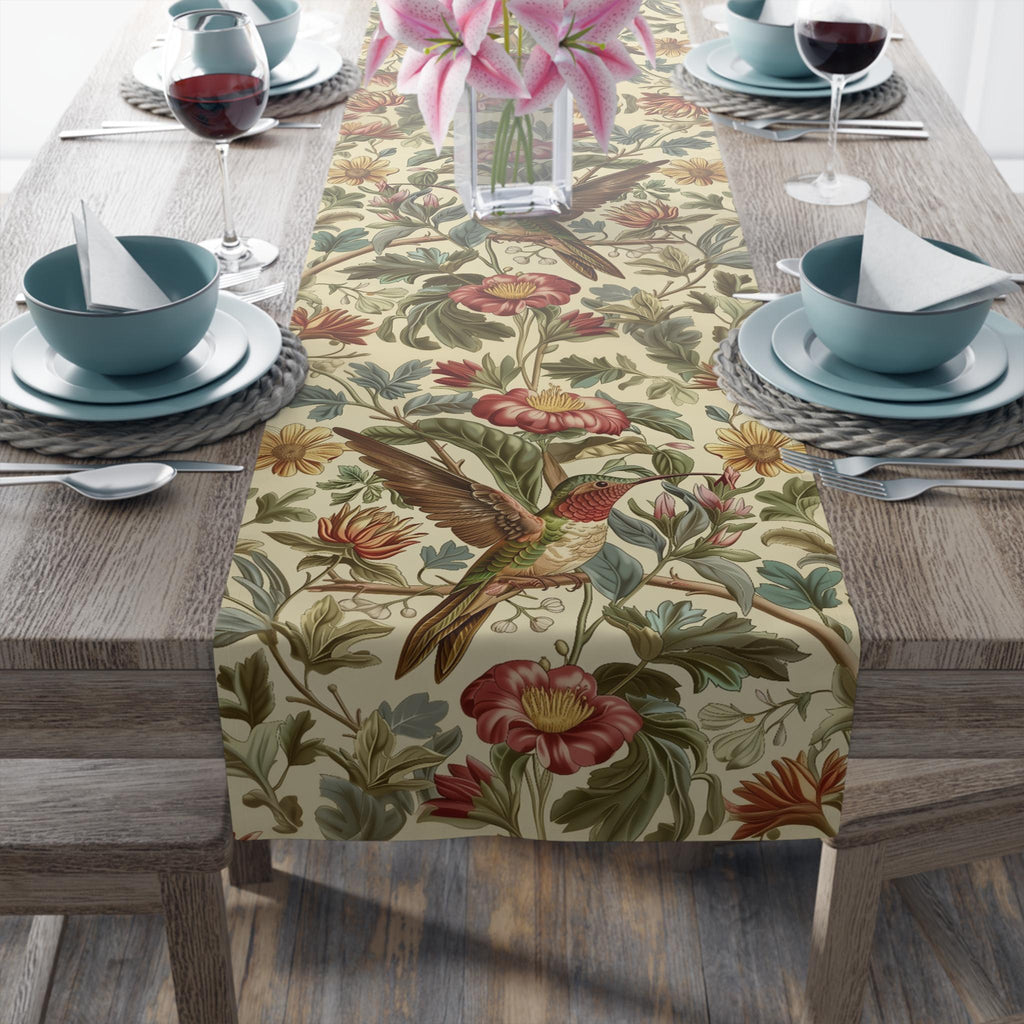William Morris Table Runner: Vintage Style Botanical Hummingbird Floral Accent