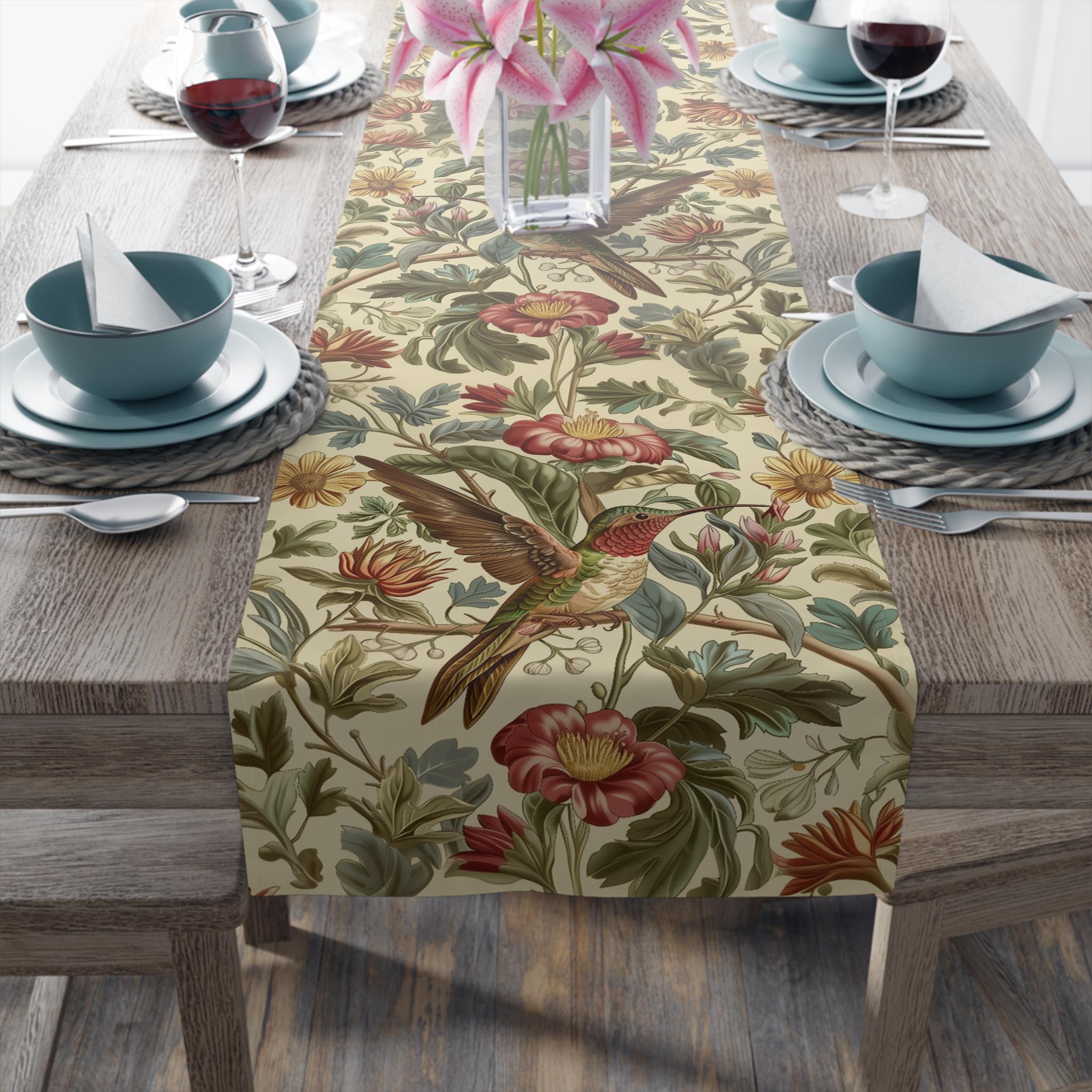 William Morris Table Runner: Vintage Style Botanical Hummingbird Floral Accent