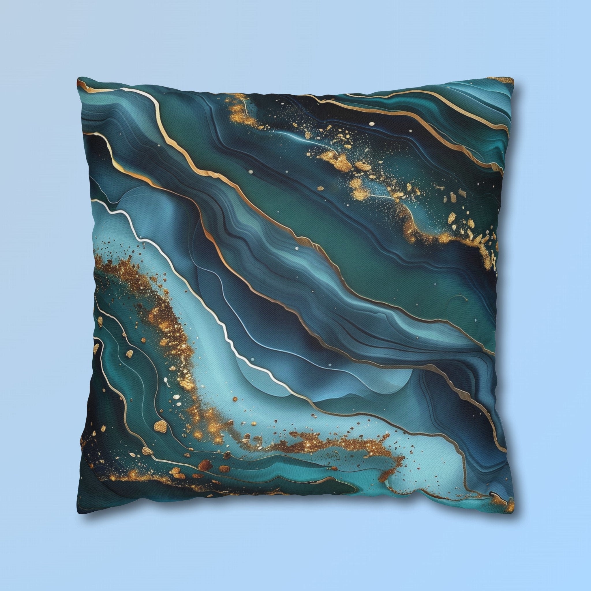 Teal Ocean Waves Pillow Cover: Blue & Gold Accent Cushion