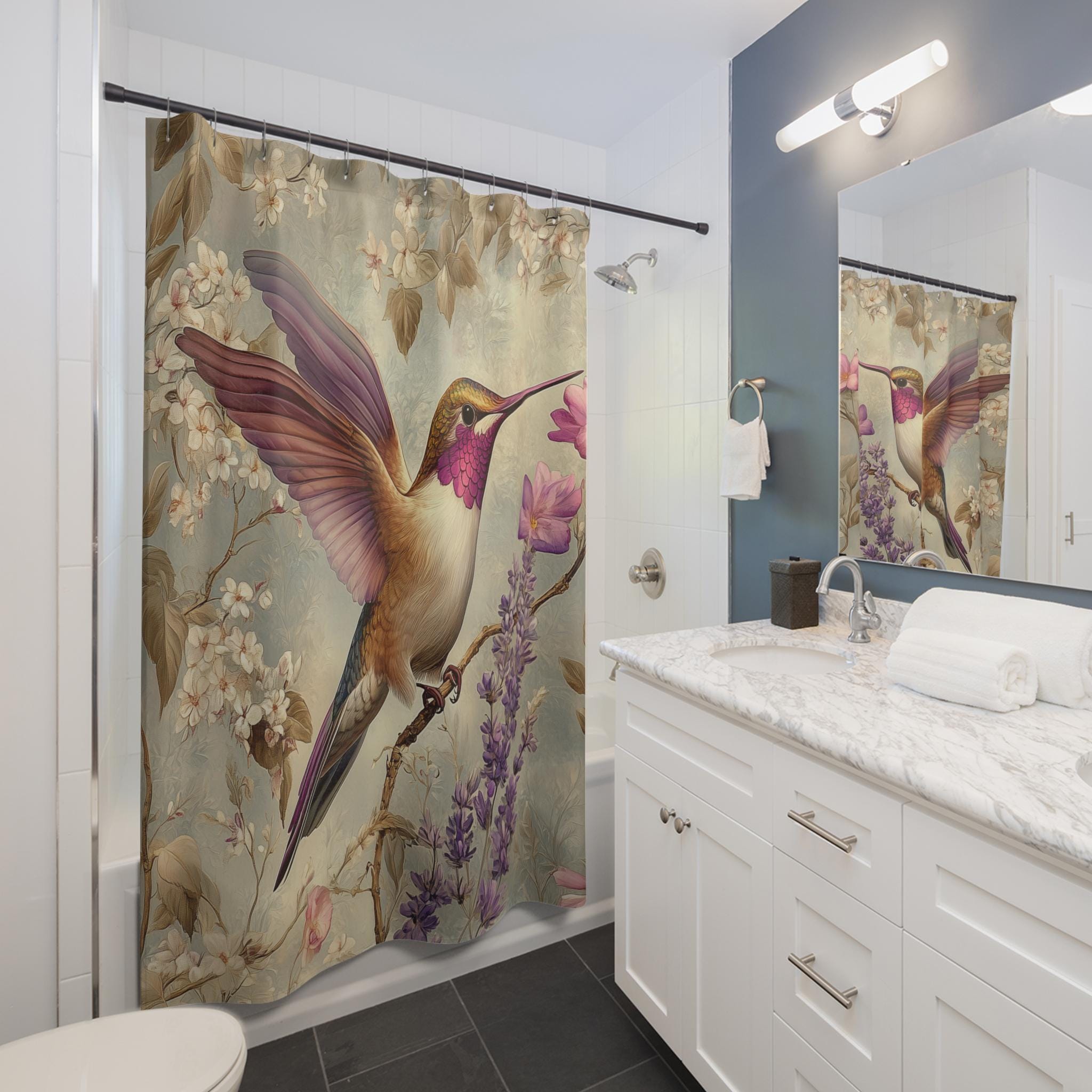 Hummingbird Hand Towel: William Morris Style Floral Bathroom Decor