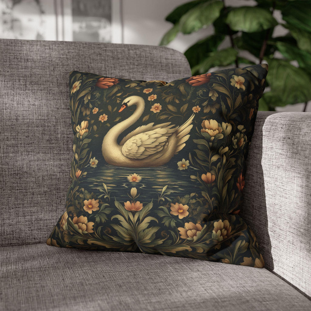 William Morris Inspired Swan Lake Decorative Pillow Cover: Moody Floral Fairytale Cushion Case