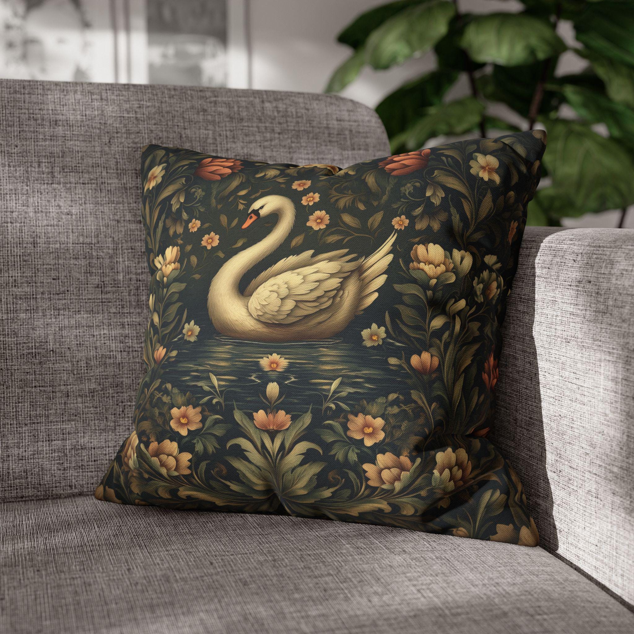 William Morris Inspired Swan Lake Decorative Pillow Cover: Moody Floral Fairytale Cushion Case