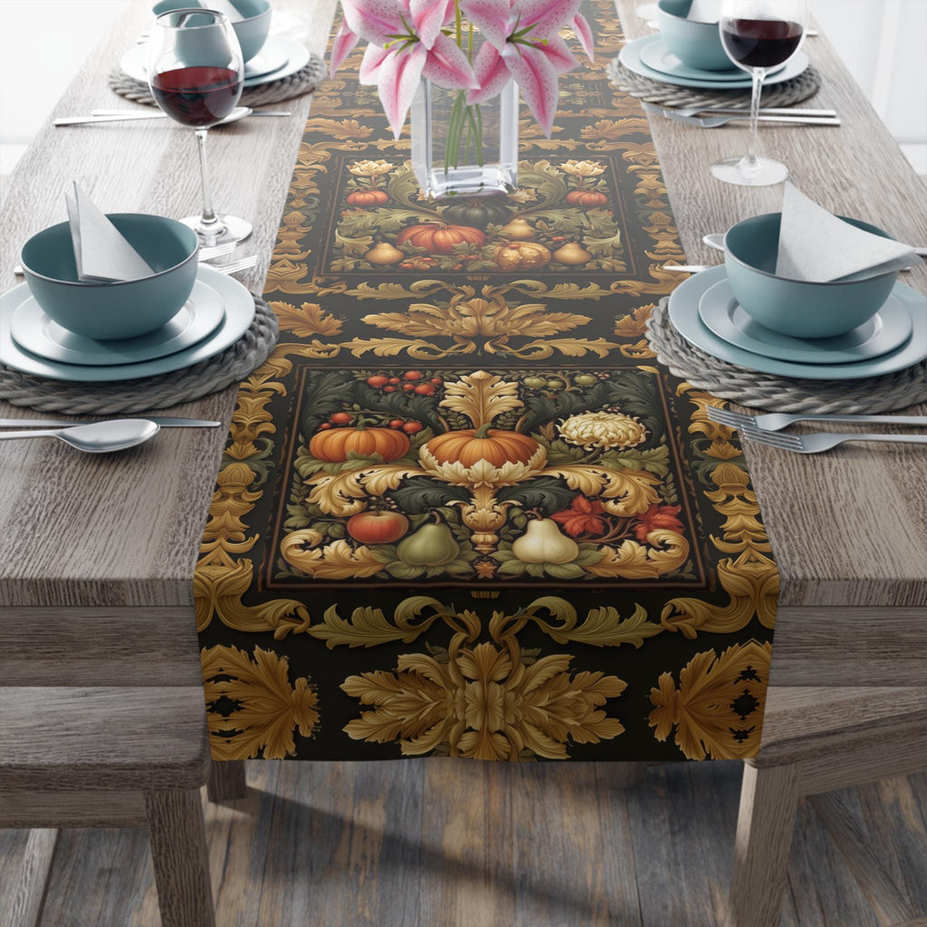 William Morris Inspired Fall Table Runner: Vintage Harvest Tapestry in Deep Brown, Gold, & Rust