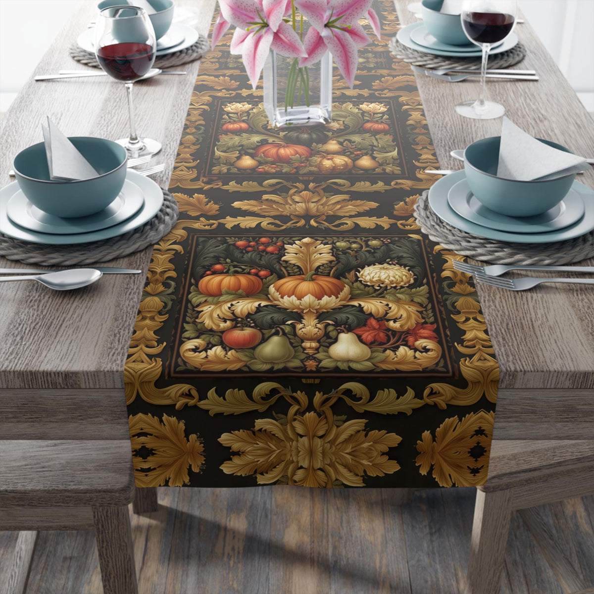 William Morris Inspired Fall Table Runner: Vintage Harvest Tapestry in Deep Brown, Gold, & Rust