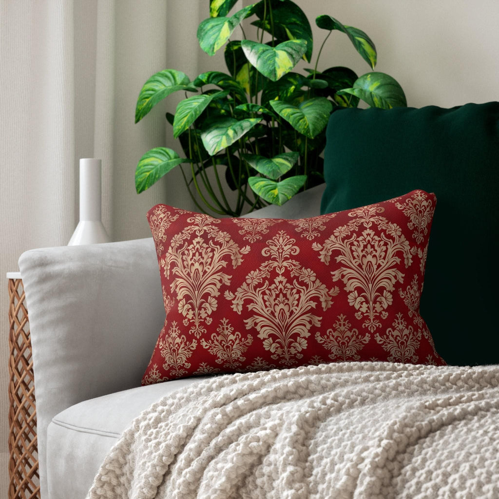 Elegant Gold Damask Lumbar Pillow | Red Decorative Cushion for Luxurious Home Decor