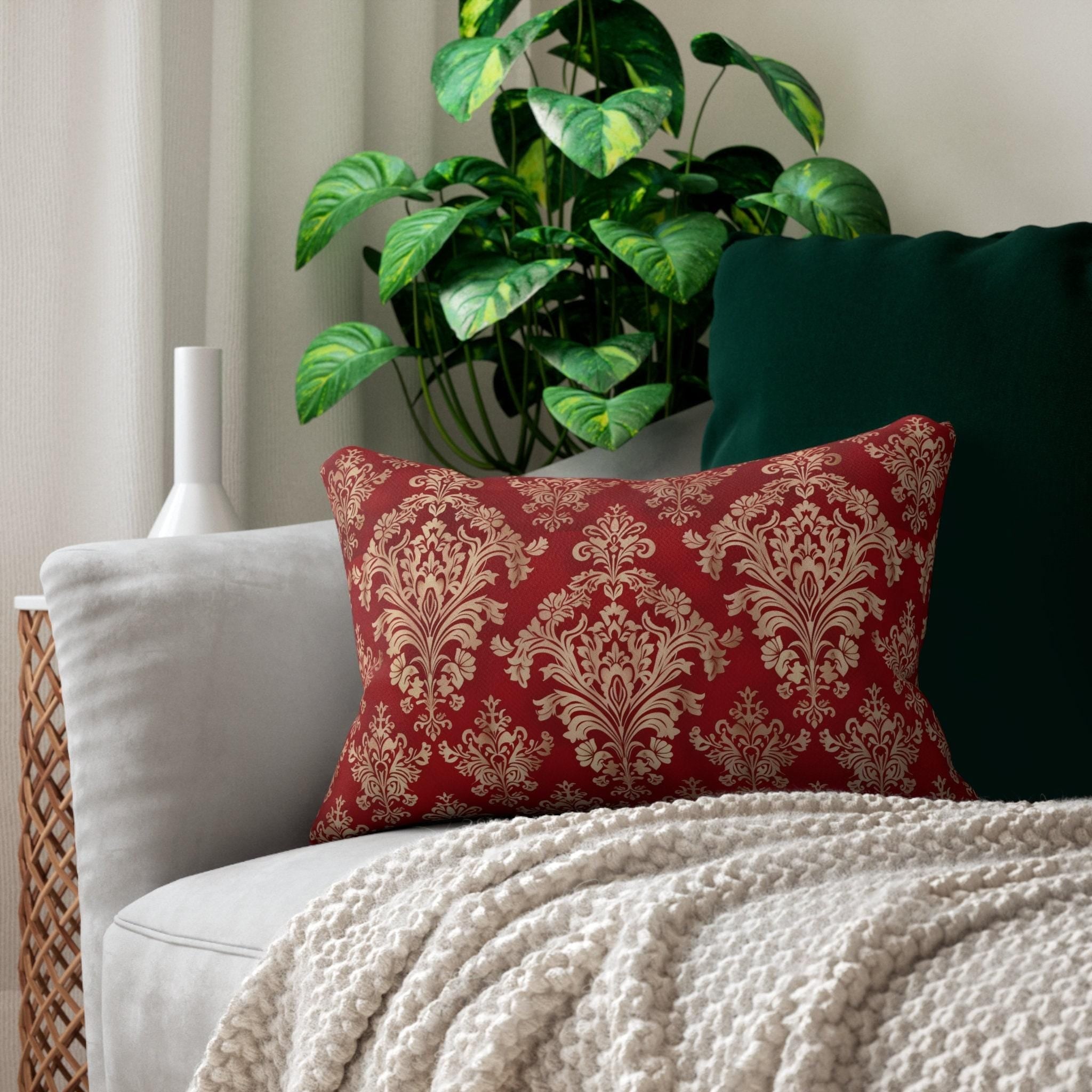 Elegant Gold Damask Lumbar Pillow | Red Decorative Cushion for Luxurious Home Decor