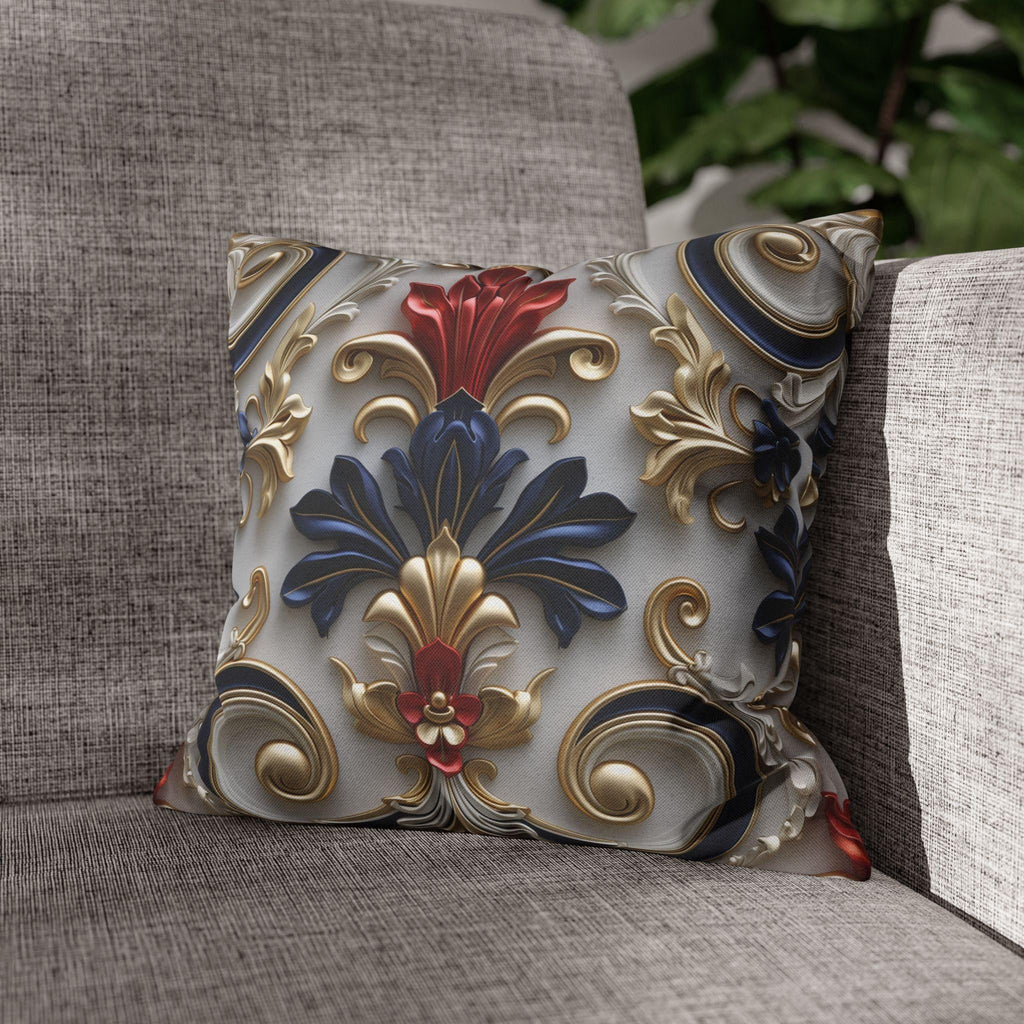 Baroque Floral Pillow Cover: Red, Blue, Gold Foliate Motifs