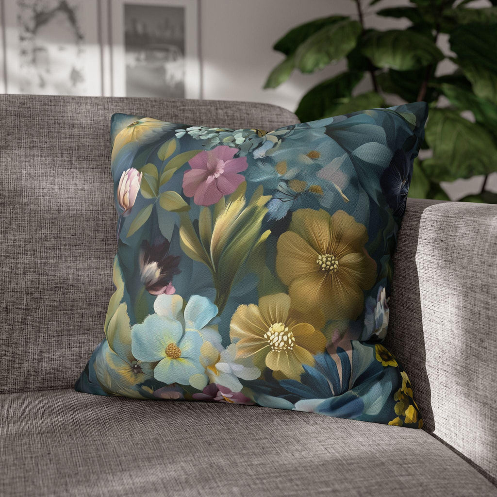 Twilight Garden Floral Pillow Cover: Painterly Moody Botanicals in Dusky Blue
