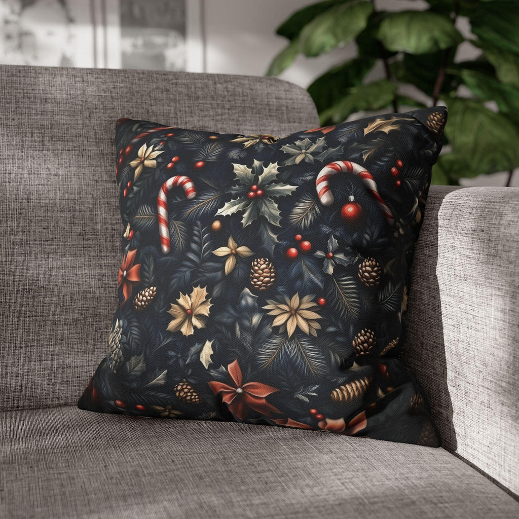 William Morris Christmas Pillow Cover: Navy, Gold & Cranberry with Holly, Candy Canes and Pinecones