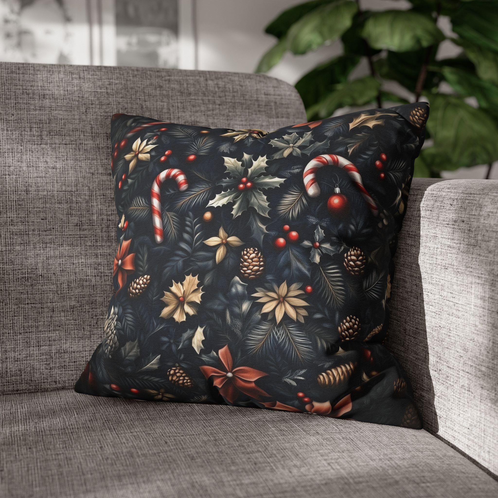 William Morris Christmas Pillow Cover: Navy, Gold & Cranberry with Holly, Candy Canes and Pinecones