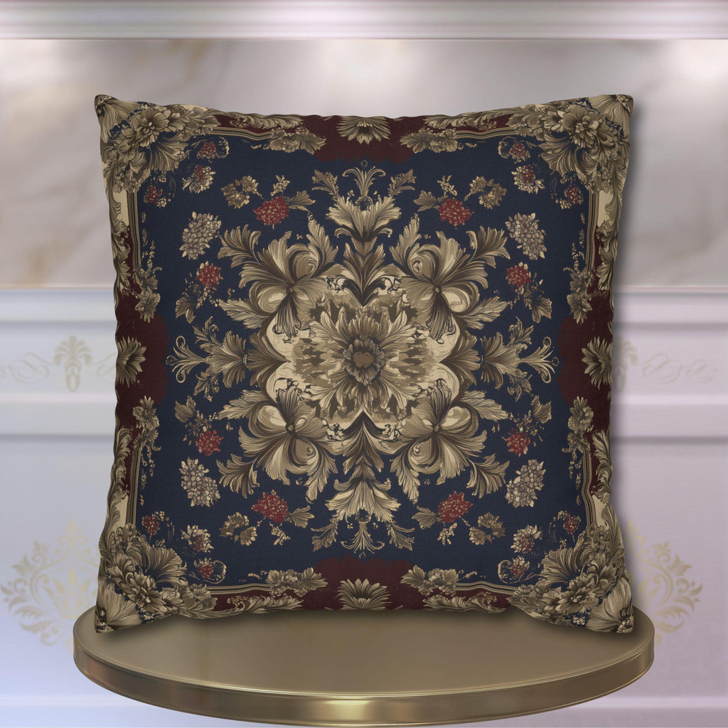 Elegant Vintage-Inspired Tapestry Pillow Cover: Gold Floral Medallion on Navy and Burgundy