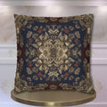 Elegant Vintage-Inspired Tapestry Pillow Cover: Gold Floral Medallion on Navy and Burgundy