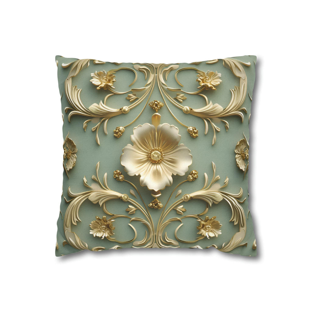 Elegant French Floral 3D Pillow Cover: Teal Blue & Gold Intricate Design for Classical Decor