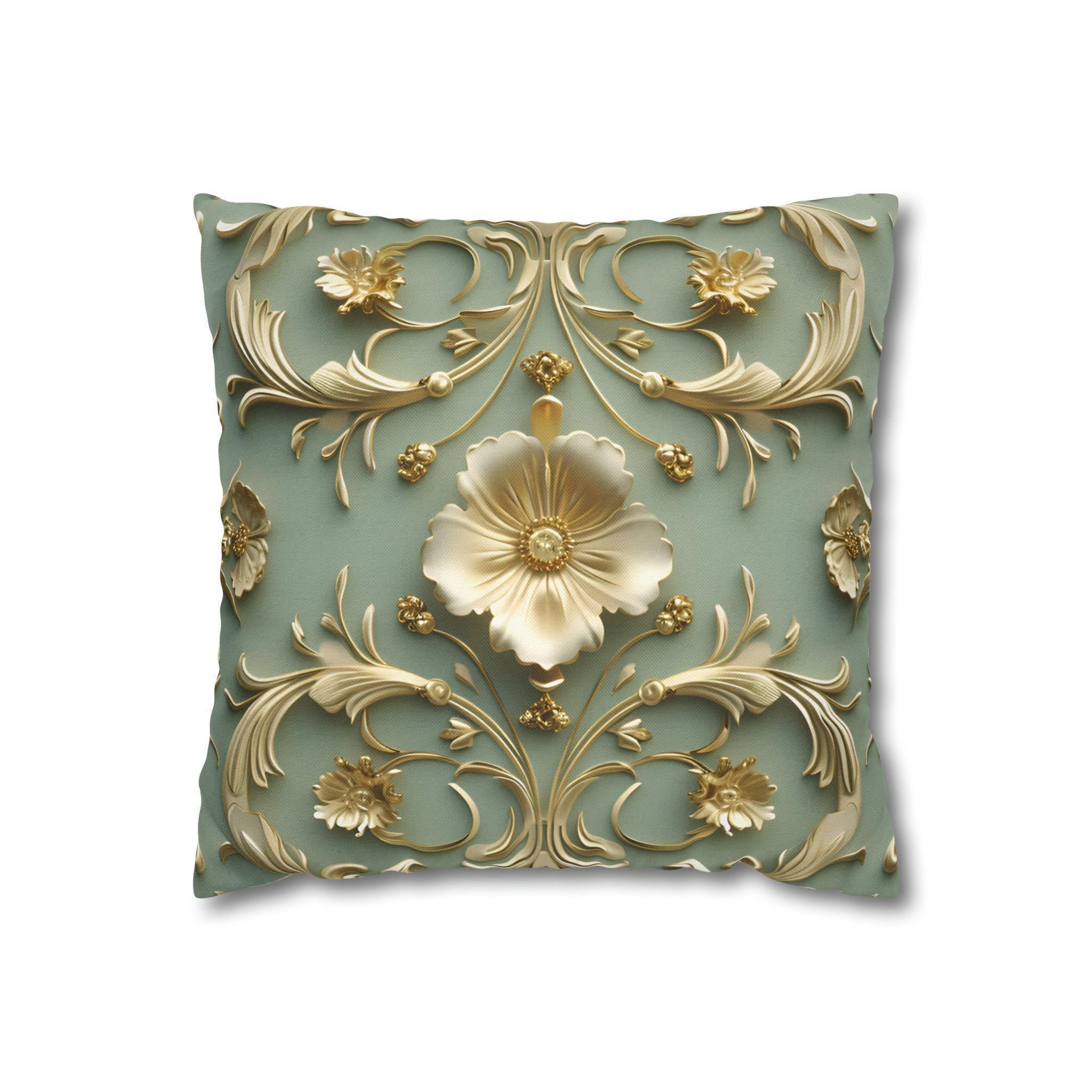 Elegant French Floral 3D Pillow Cover: Teal Blue & Gold Intricate Design for Classical Decor