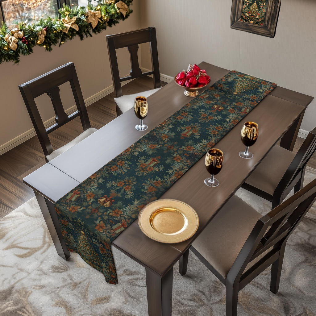William Morris Christmas Table Runner: Victorian Floral, Deep Green & Red