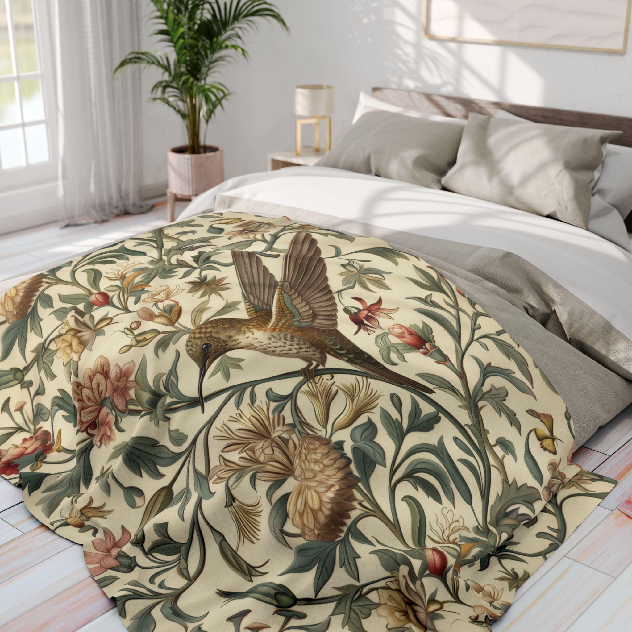 William Morris Hummingbird Throw Blanket: Vintage Style Floral Cottage Decor