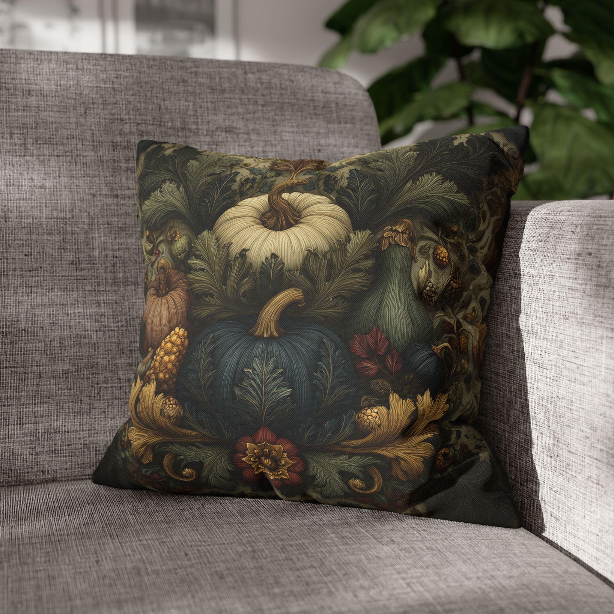 William Morris Inspired Autumn Harvest Tapestry Pillow Cover: Deep Teal with Ivory Blue & Gold