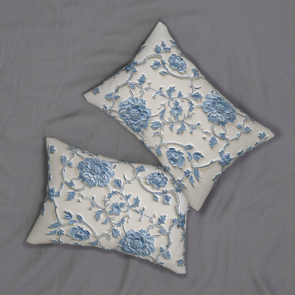 Lumbar Pillow: Elegant Blue Floral Pattern (20x14, Off-White)