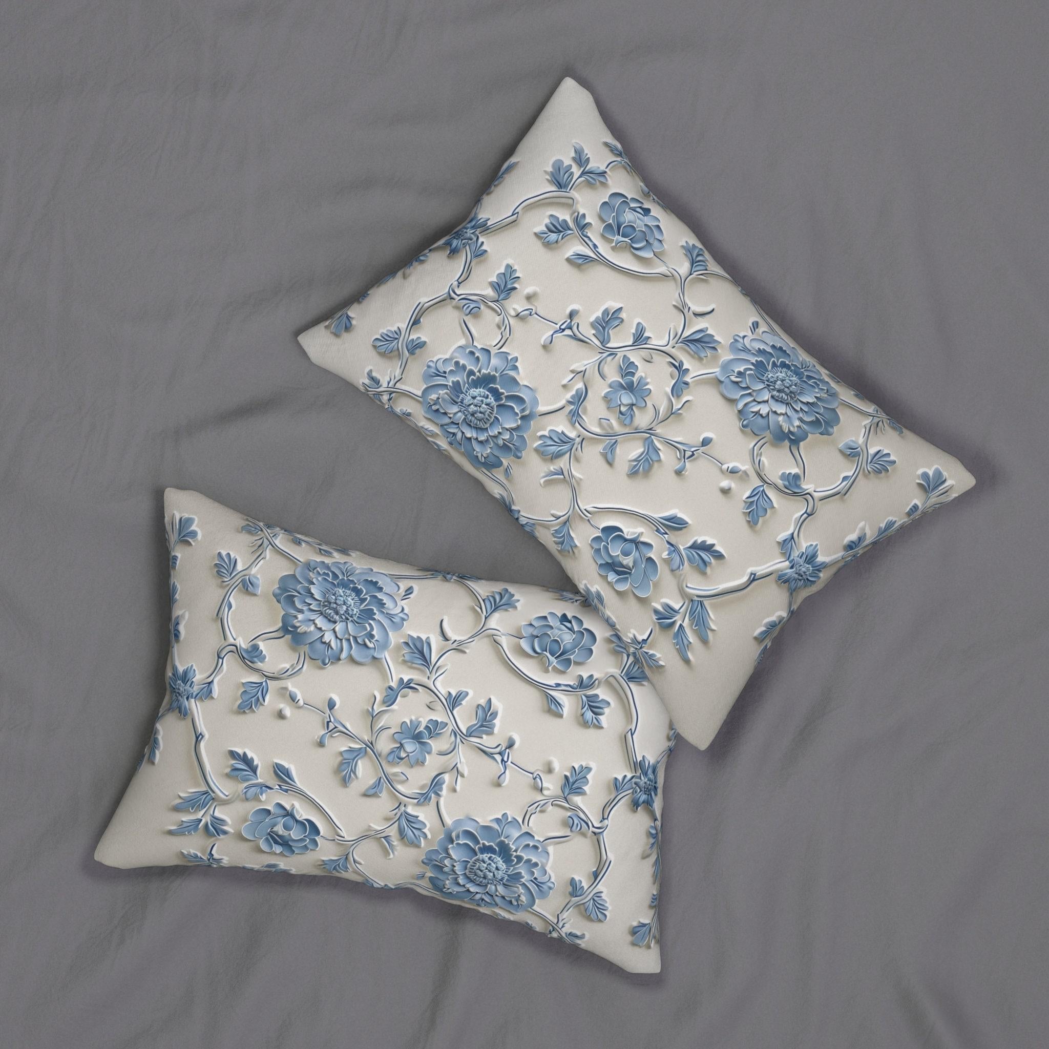 Lumbar Pillow: Elegant Blue Floral Pattern (20x14, Off-White)