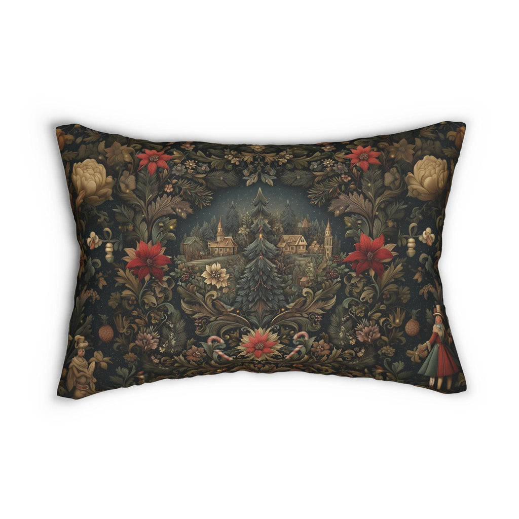 Storybook Village Christmas Lumbar Pillow: William Morris Style, Pine Green and Crimson Florals
