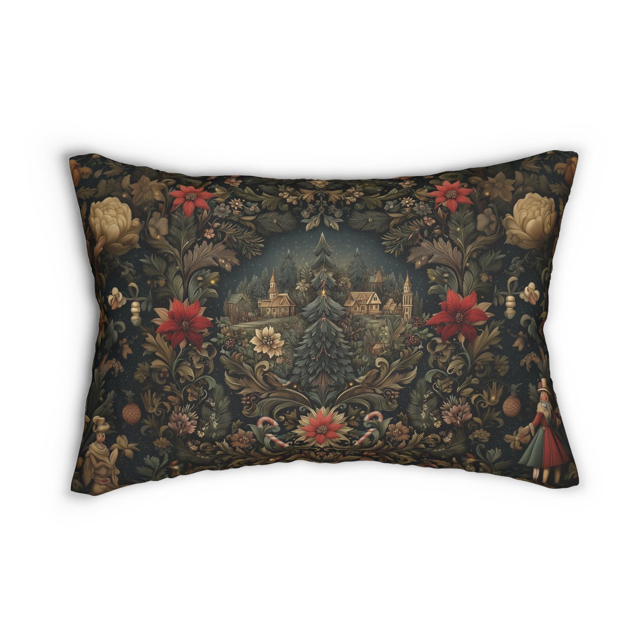 Storybook Village Christmas Lumbar Pillow: William Morris Style, Pine Green and Crimson Florals