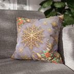 Pastel Christmas Pillow Cover: Gold Snowflake, Lilac Winter Decor, Frosted Poinsettia, Shabby Chic