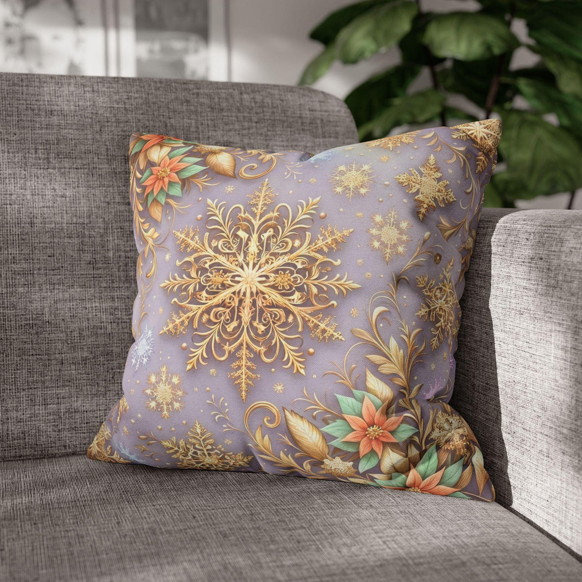 Pastel Christmas Pillow Cover: Gold Snowflake, Lilac Winter Decor, Frosted Poinsettia, Shabby Chic