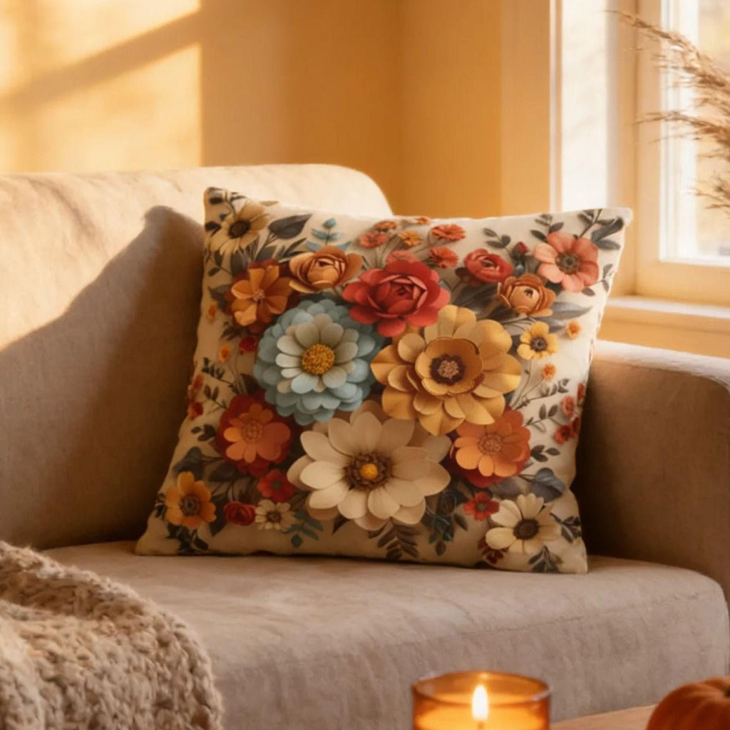 Autumn Floral Pillow Cover, Fall Flowers on Beige (14x14 to 20x20 inches)