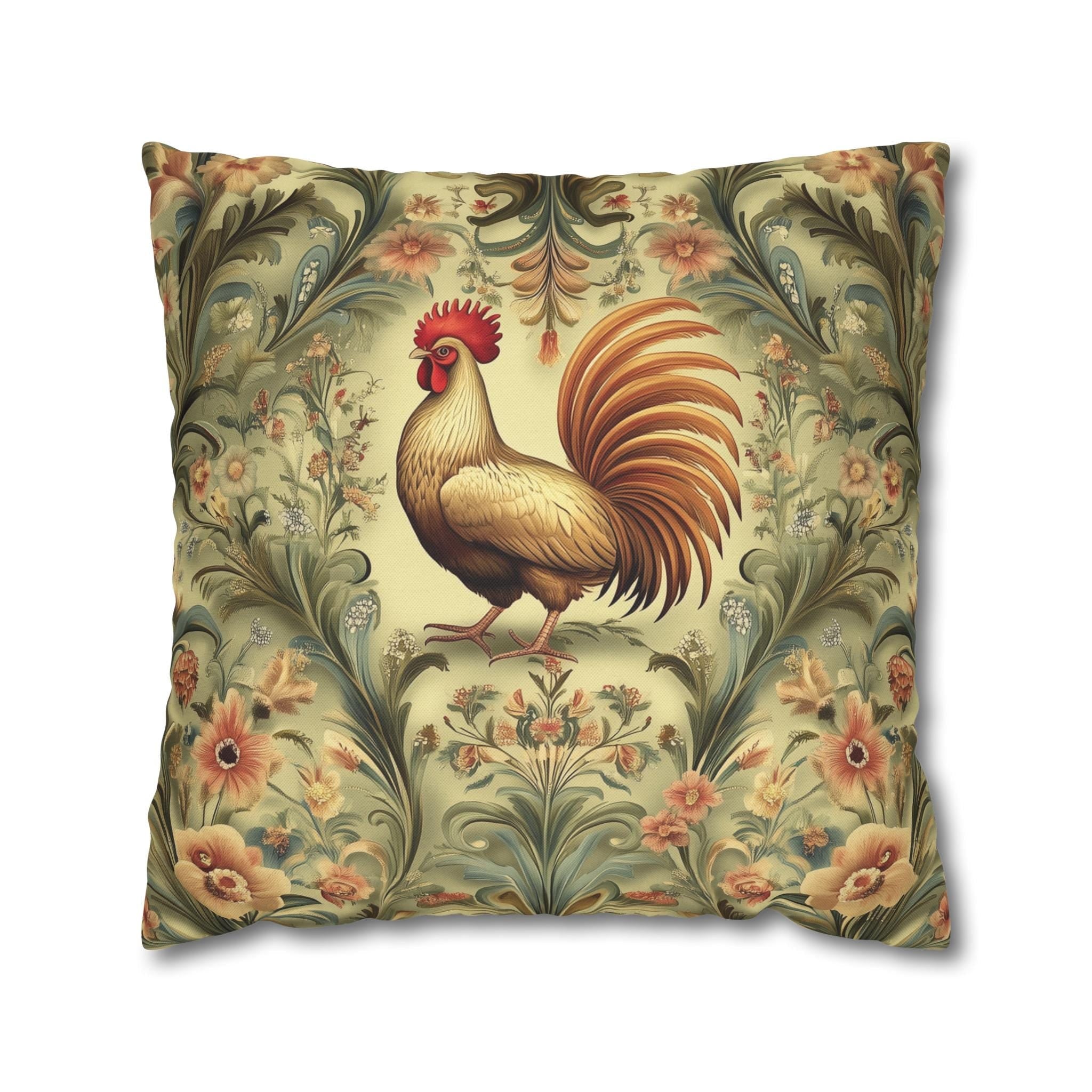 Vintage Style Rooster Farmhouse Pillowcase: Rustic Floral Botanical Cushion Cover for Country Home Decor