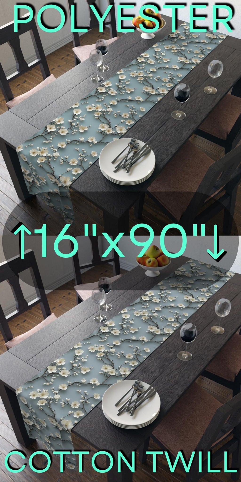 Elegant Chinoiserie Table Runner: Blue-Teal Gradient Cherry Blossom Design for Modern Dining Decor