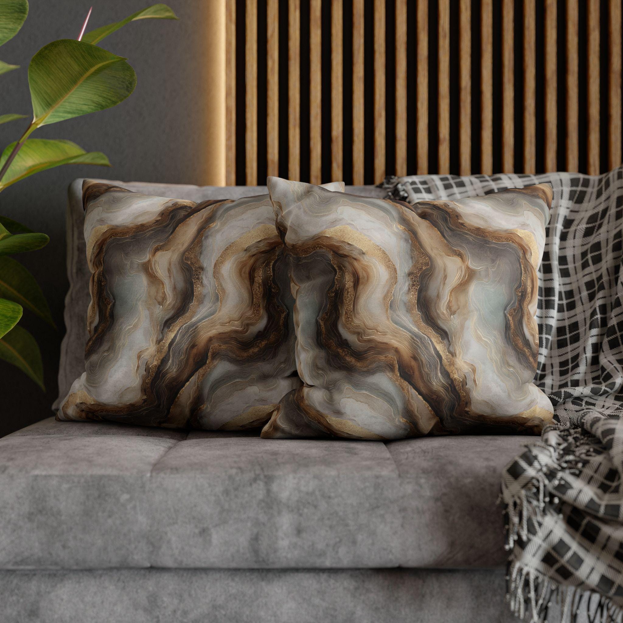 Modern Abstract Pillow Cover: Brown Marble Look with Gold Color Accents