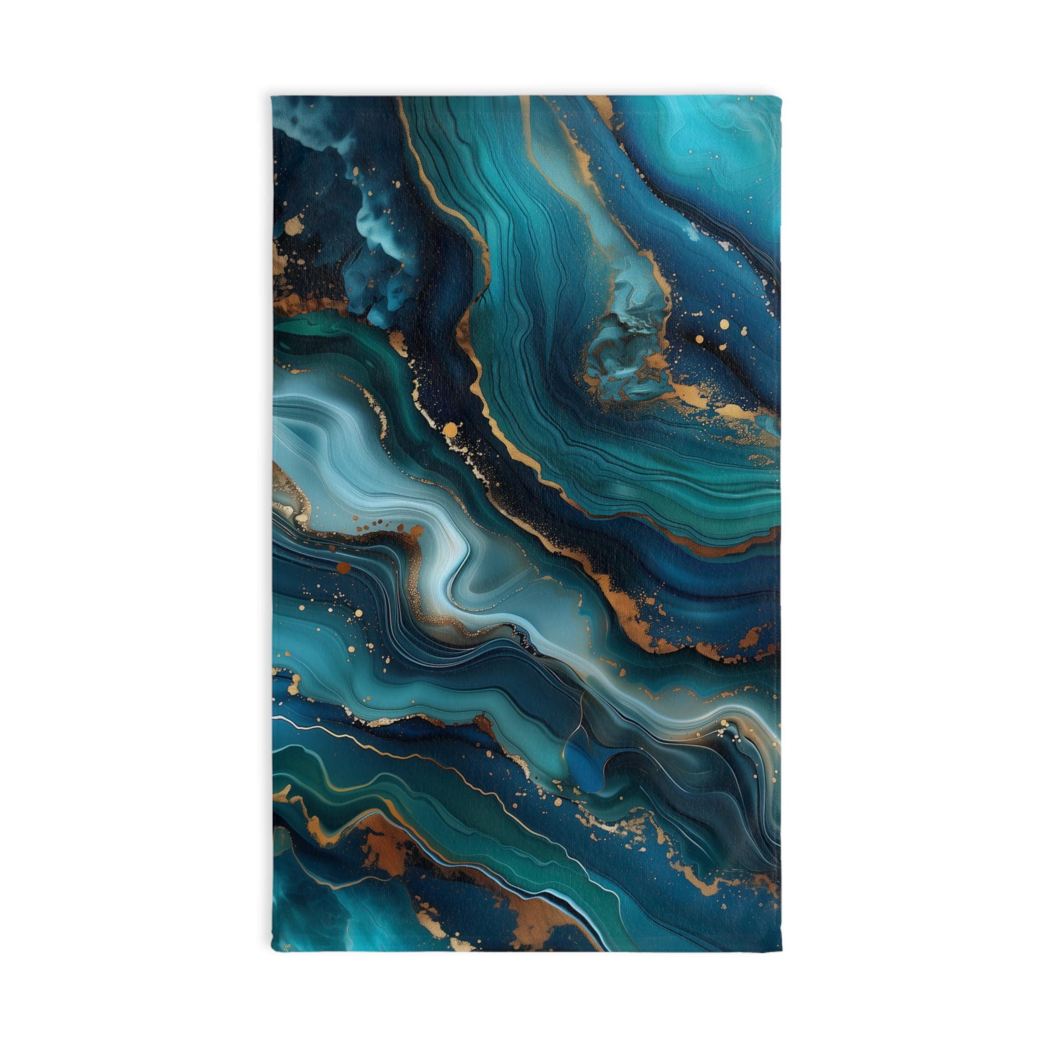 Ocean Wave Hand Towel: Teal Navy Marble Print with Gold Accents