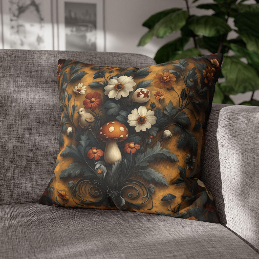 William Morris Inspired Woodland Mushroom Pillow Cover: Autumn Floral Art on Gold Background