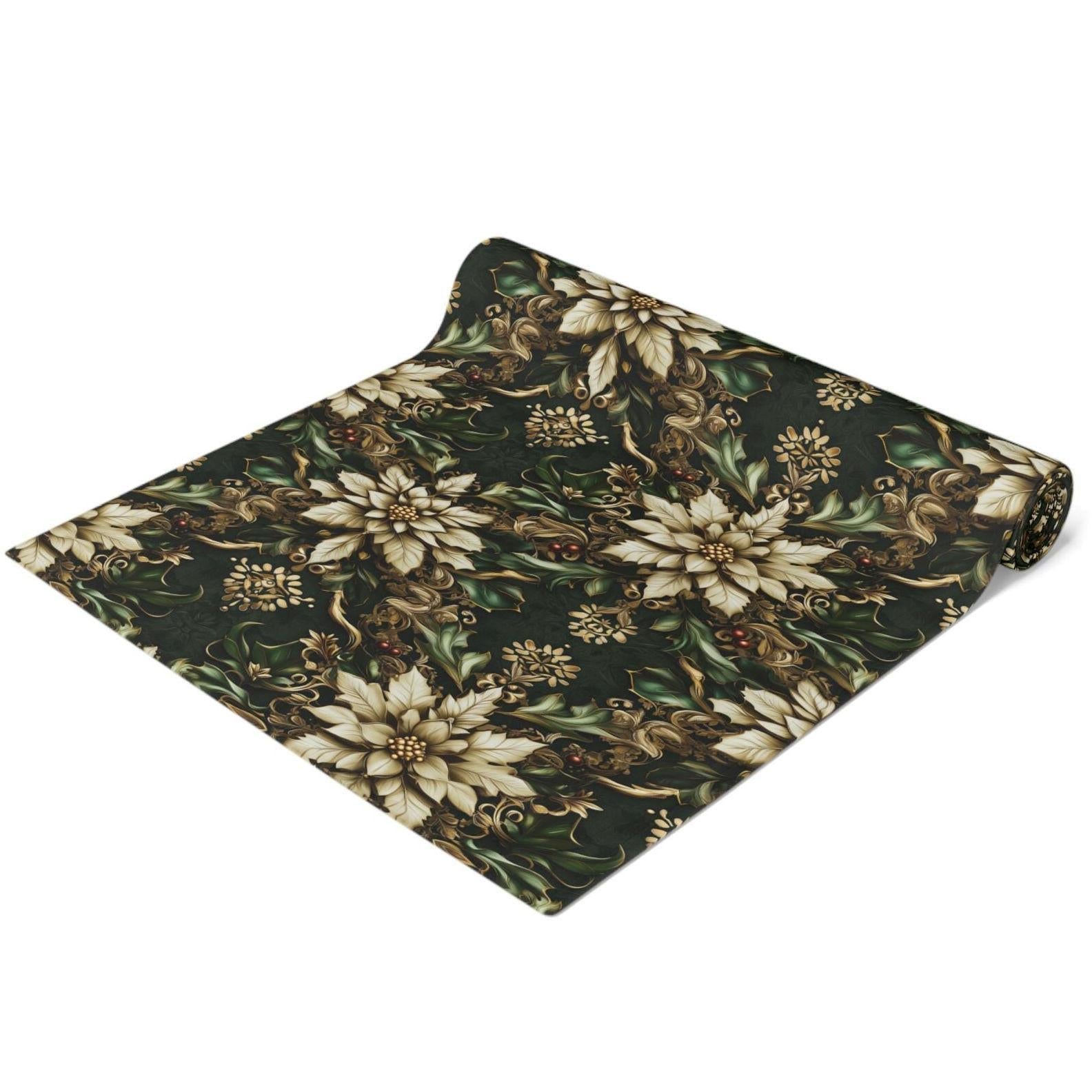 Holiday Poinsettia Table Runner,  Christmas Dining Decor in Red, Green, Gold & Creamy Beige
