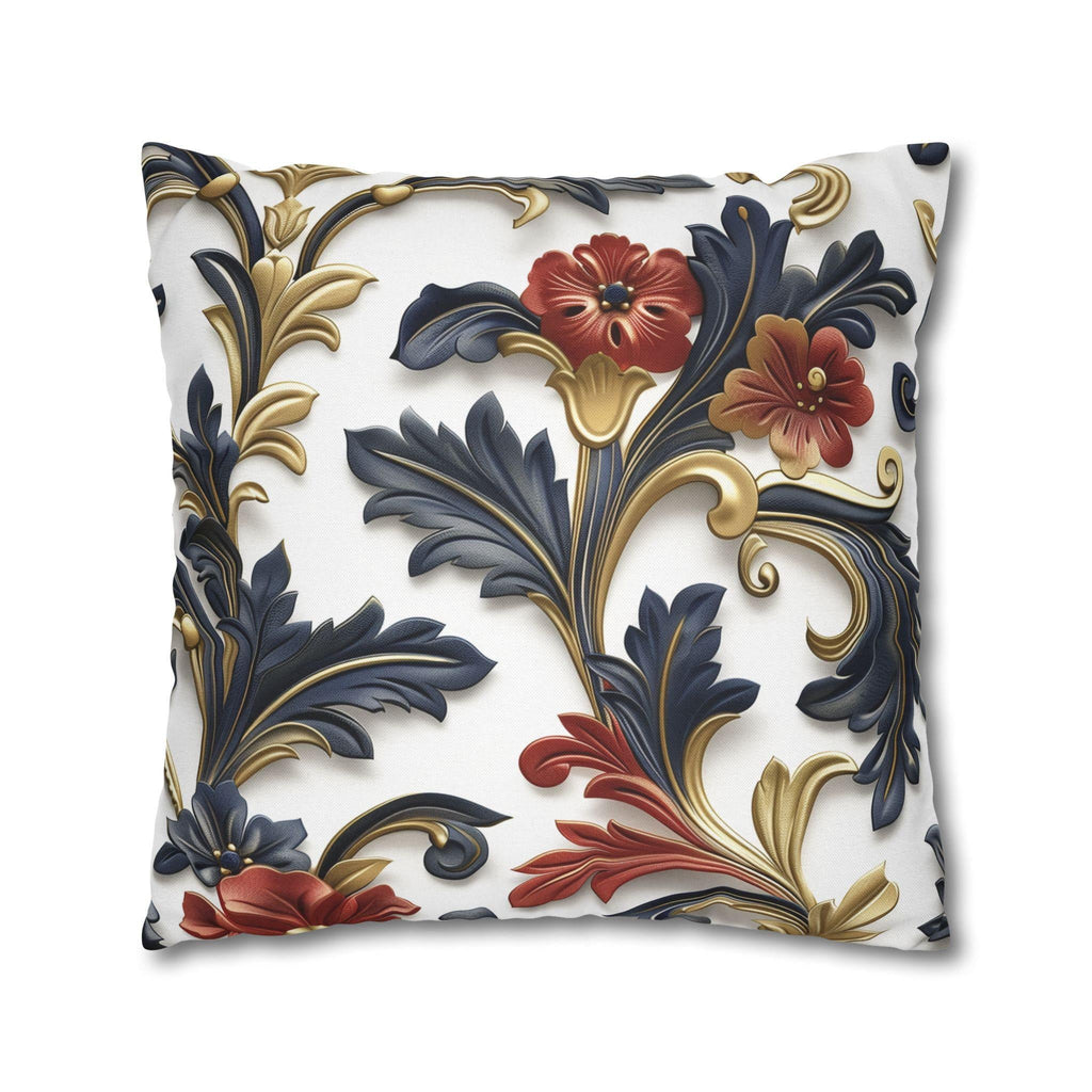 Luxurious Baroque-Inspired Floral Pillow Cover: Navy, Gold, Red on White Background