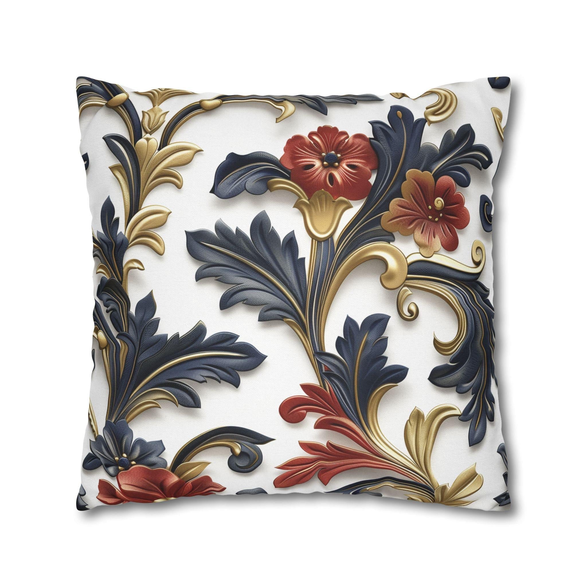 Luxurious Baroque-Inspired Floral Pillow Cover: Navy, Gold, Red on White Background