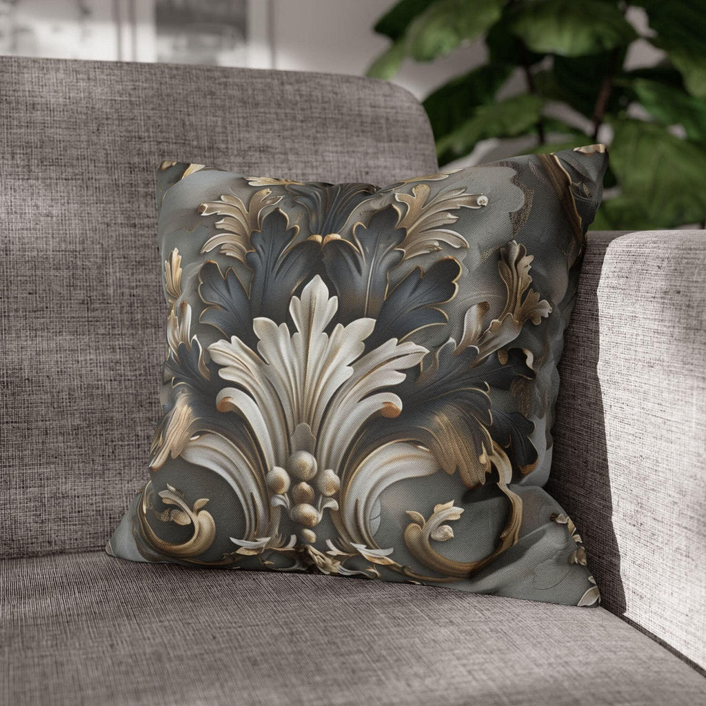 Baroque Pillow Cover: Ornate Gray, Gold, and Black Floral Design