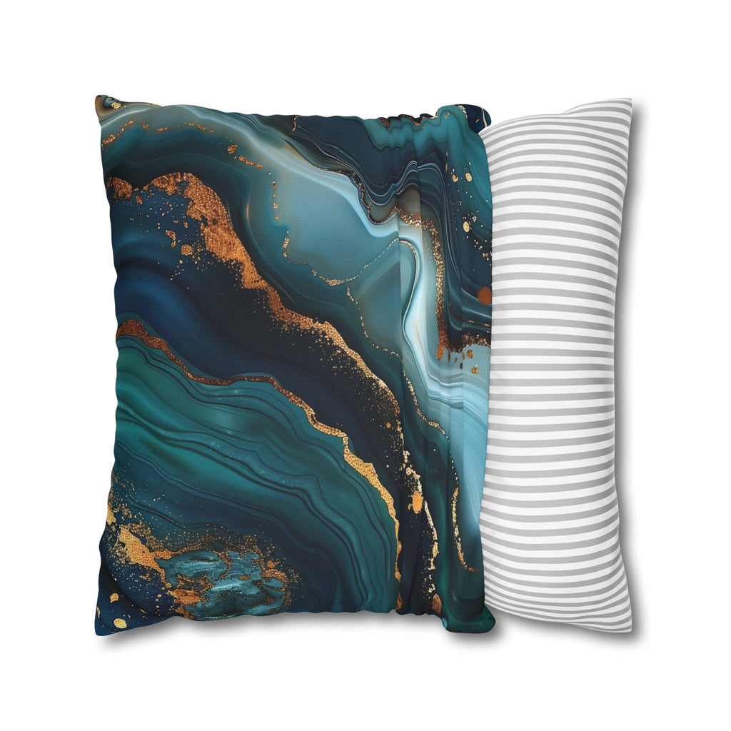 Ocean Waves Pillow Cover: Teal Navy & Gold Accent Cushion