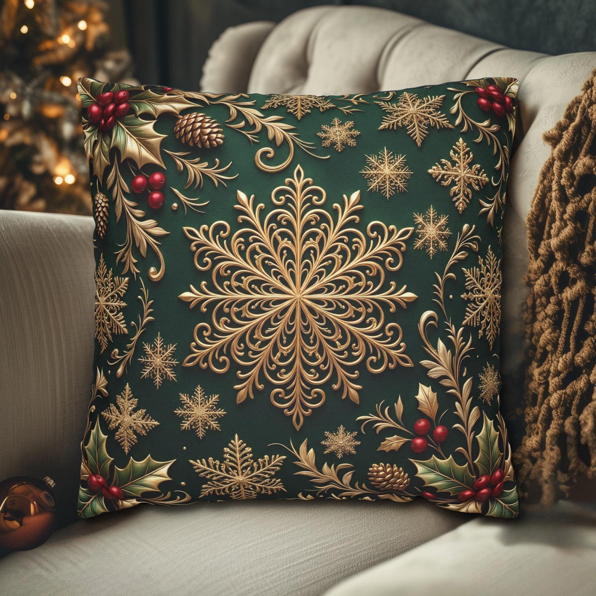 Emerald Green Holiday Pillow Cover: Brushed Gold Snowflake, Jewel Tone Christmas Urban Decor