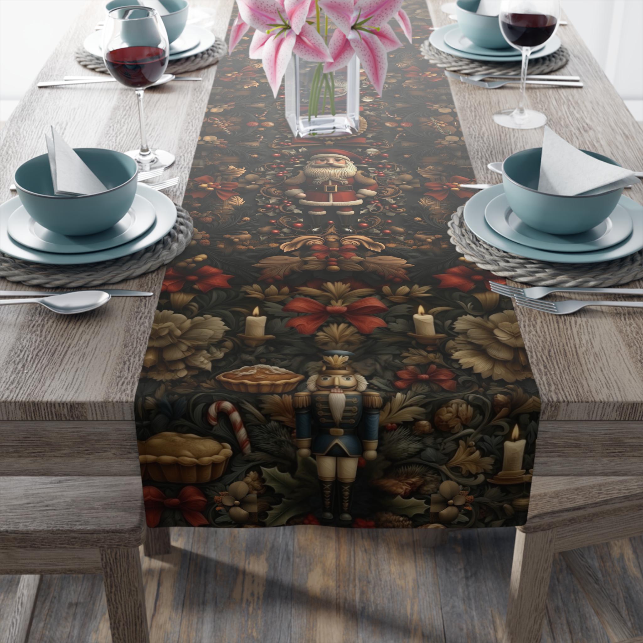 William Morris Inspired Christmas Table Runner: Nutcracker and Santa Holiday Table Decor