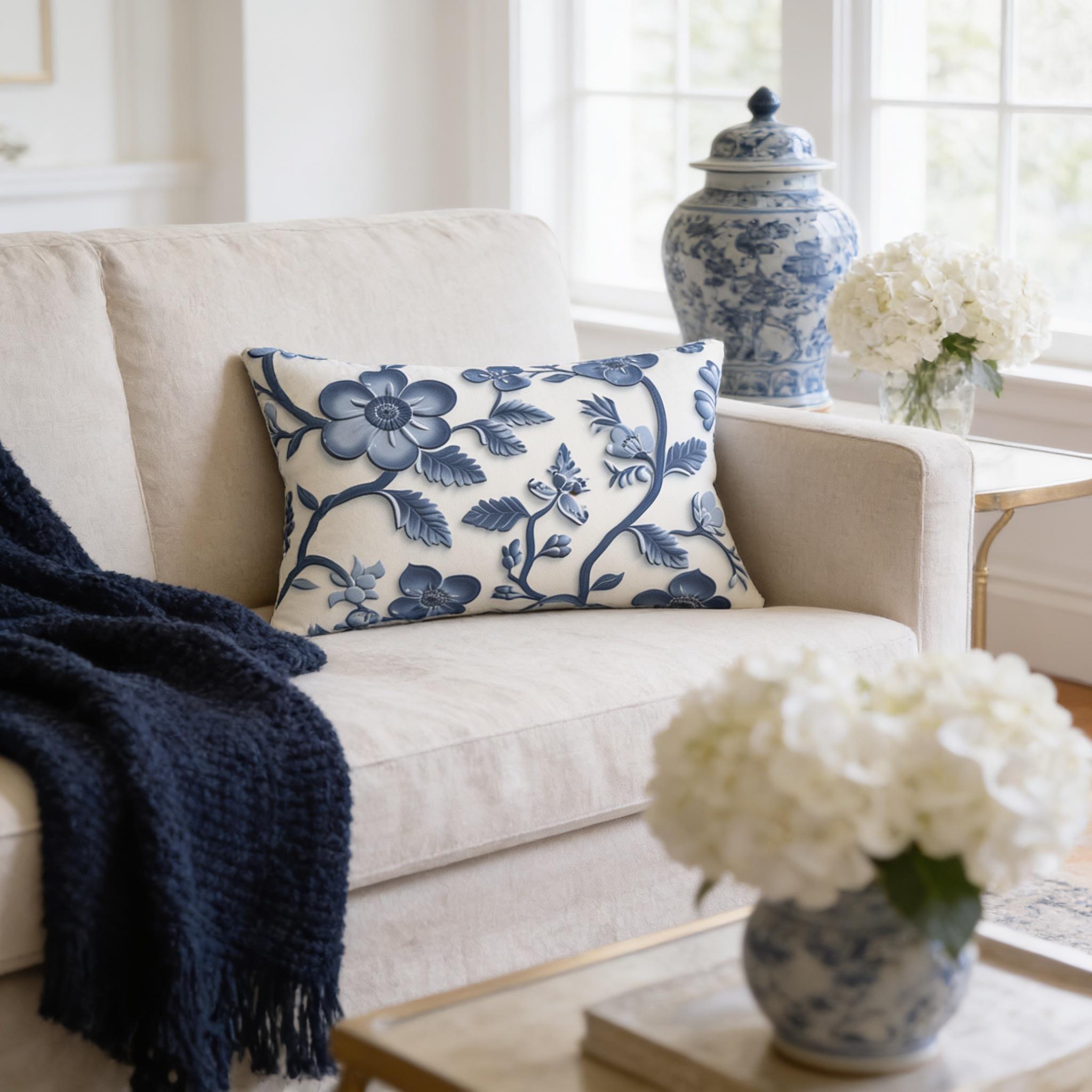 Chinoiserie Blue White Floral Lumbar Pillow | Elegant Pottery Pattern Accent Cushion