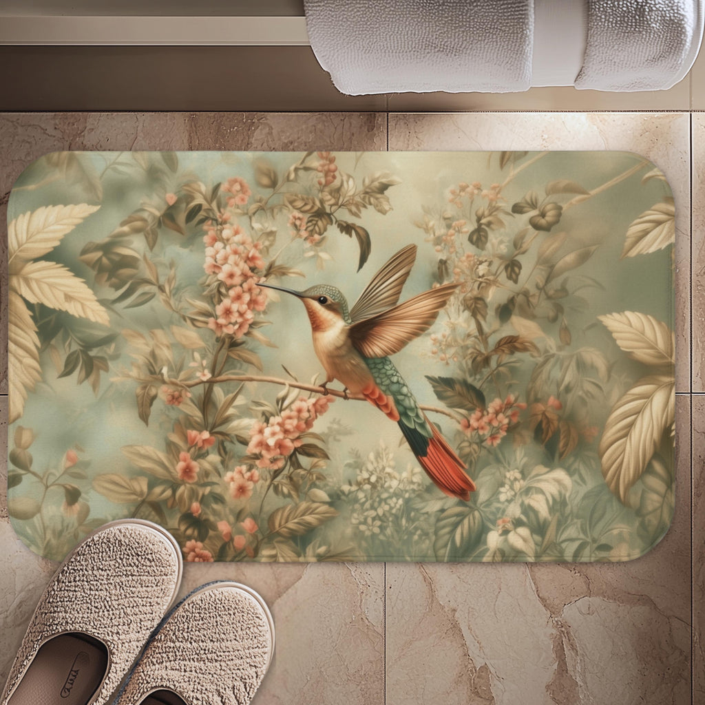 William Morris Botanical Bathmat: Sage Blush Teal Hummingbird Arts & Crafts Design