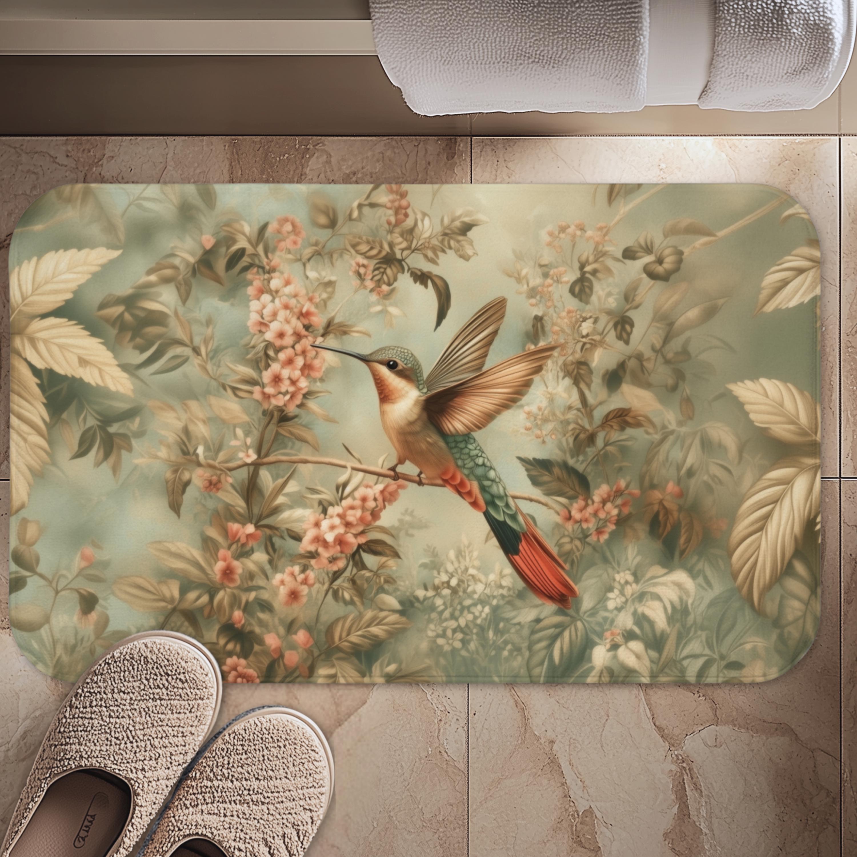 William Morris Botanical Bathmat: Sage Blush Teal Hummingbird Arts & Crafts Design