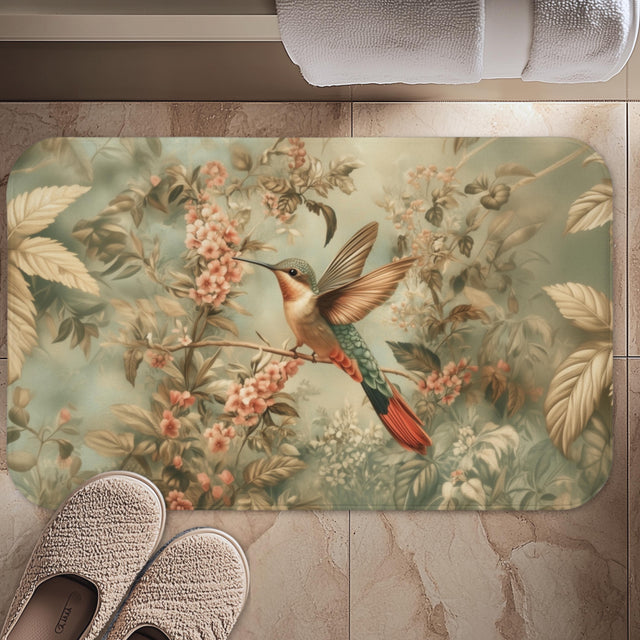 William Morris Botanical Bathmat: Sage Blush Teal Hummingbird Arts & Crafts Design