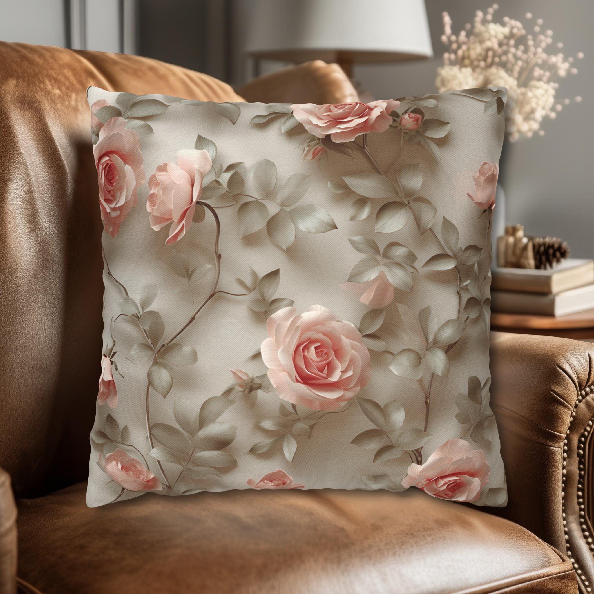 Pink Rose Throw Pillow Cover - Botanical Blush Design