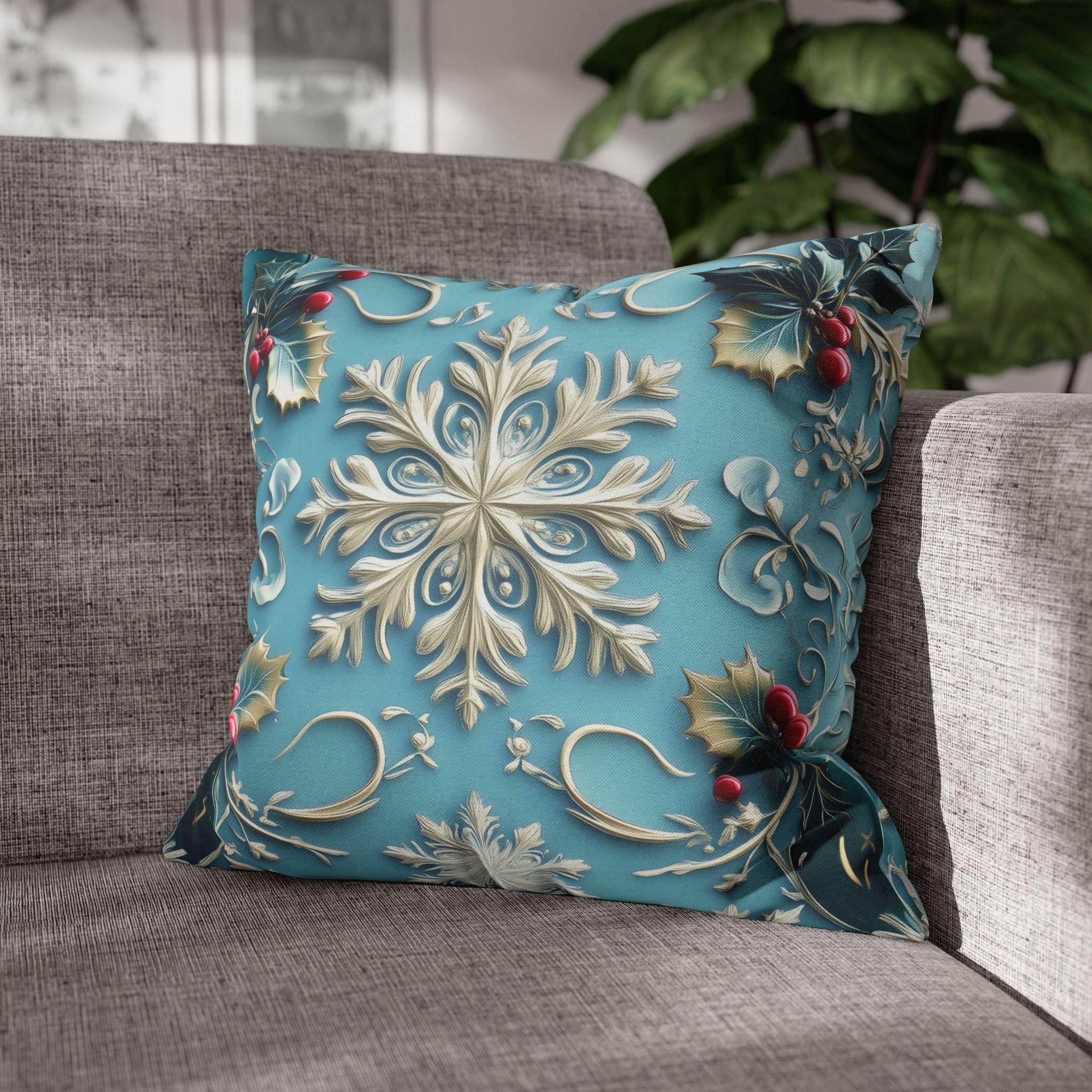 Snowflakes & Blue Christmas Pillow Cover Holly Leaves and Berries Design Gradient Blue Background