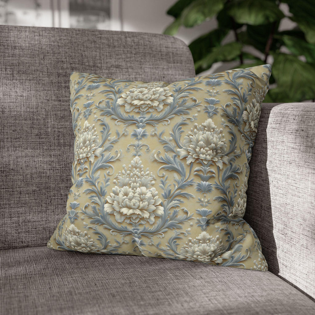 Damask Floral Pillow Cover: Blue & Gold Cushion Case - Classic Decor