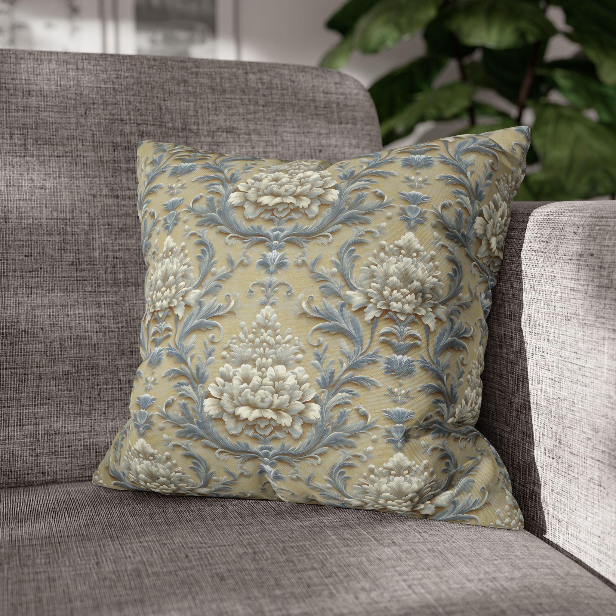 Damask Floral Pillow Cover: Blue & Gold Cushion Case - Classic Decor